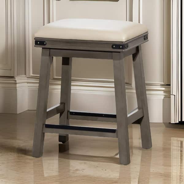 Benjara 24 in. Gray Backless Wood Frame Bar Stool with Leather Seat