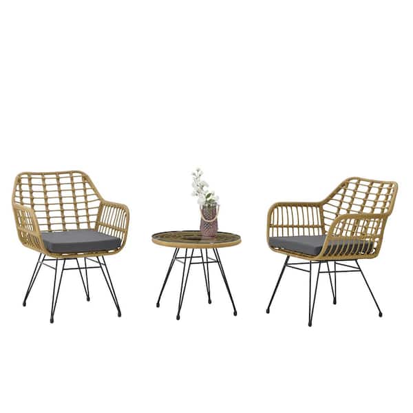 AUTMOON 3-Piece Metal Frame Rattan Outdoor Bistro Patio Set with Dark Gray Cushions