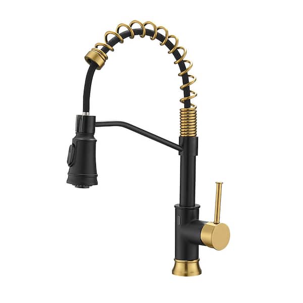 null Single Handle Touchless Gooseneck Pull Down Sprayer Kitchen Faucet with Dual Function in Black and Gold