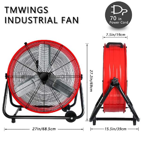 Industrial Fan 24 in. 3-SpeedDrum Fan-360 Tilt, Heavy-Duty Drum, 8800 CFM, Red