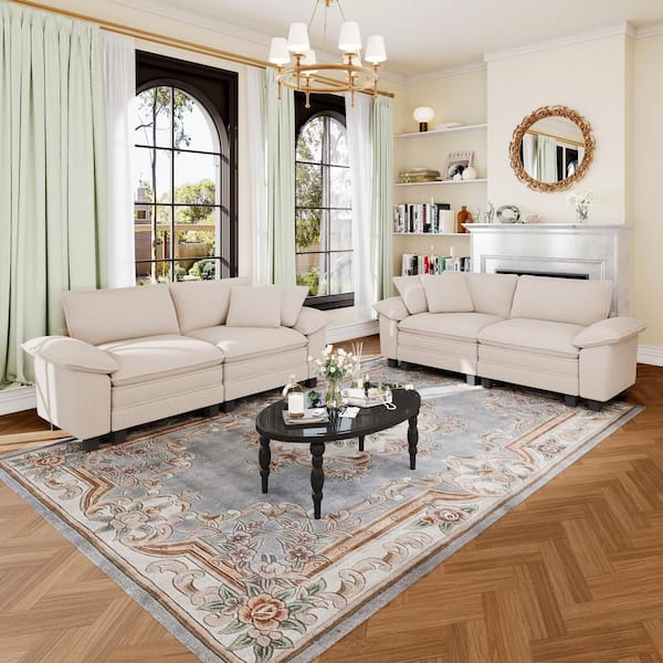 87.5 in. Flared Arm 4-Seat Corduroy Fabric Modular Sectional Sofa in Beige with Throw Pillows for Living Room
