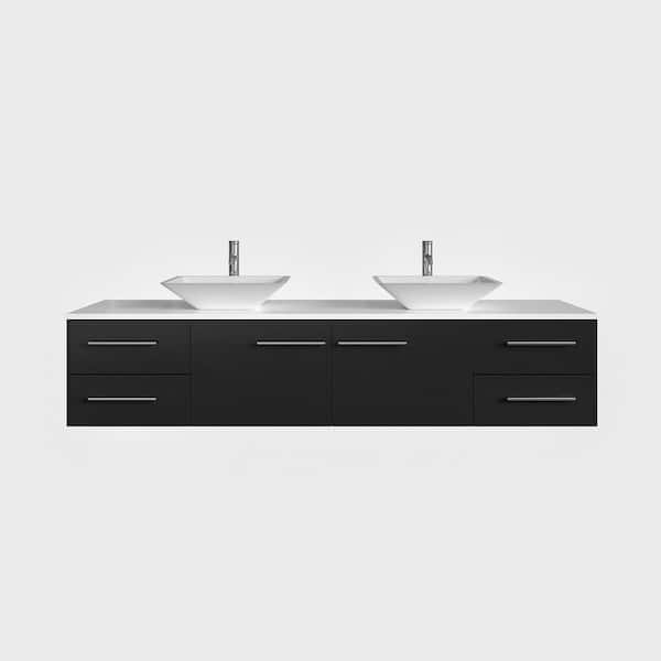 Wave 72 in. Double Sink Floating Espresso Bath Vanity with White White Quartz Top (Assembled)