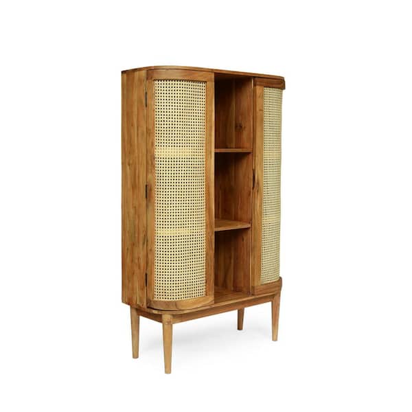 Noble House Thayer 62 in. Natural Acacia Wood and Cane 3 Shelf Storage Bookcase