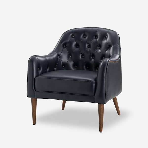 JAYDEN CREATION Clara 28.5 in. Wide Classic Style Navy Genuine Leather Barrel Chair with Tufted Back and Solid Wood Legs