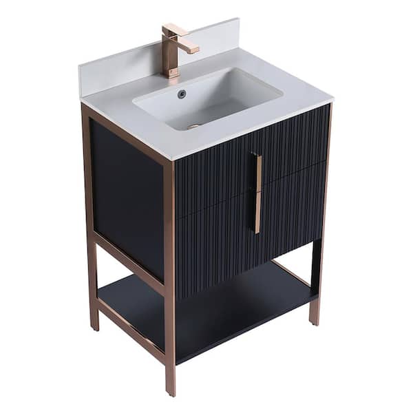FINE FIXTURES 24 in. W x 18 in. D x 33.5 in. H in Black Matte Bath Vanity with White Sintered Stone Top with Rose Gold Hardware
