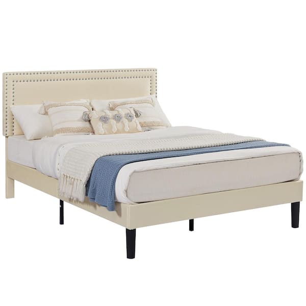Upholstered Bed with Adjustable Headboard, No Box Spring Needed Platform Bed Frame, Bed Frame Beige Queen Bed