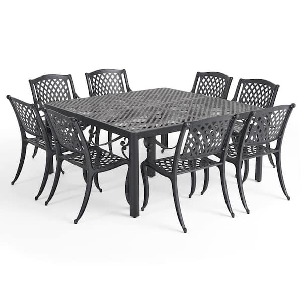 Noble House Aviary Matte Black 9-Piece Metal Square Table Outdoor Dining Set