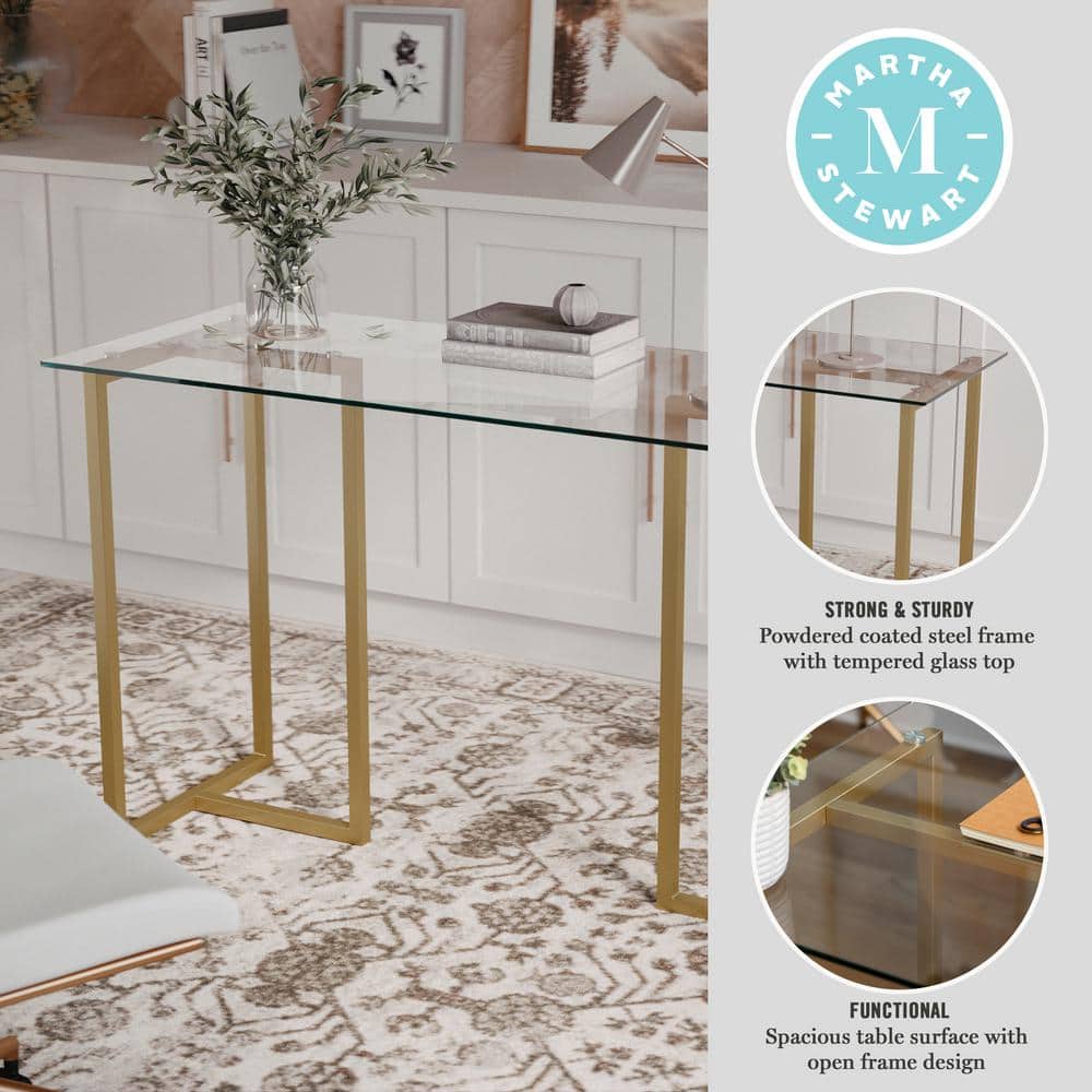 Clear Glass Top Desk with Polished Brass Frame for Home Office