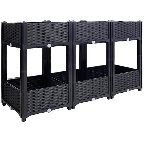47 in. x 16 in. x 28 in. Black Plastic Elevated Garden Bed, 2-Tier Raised Planter Garden Box with Drainage Plug