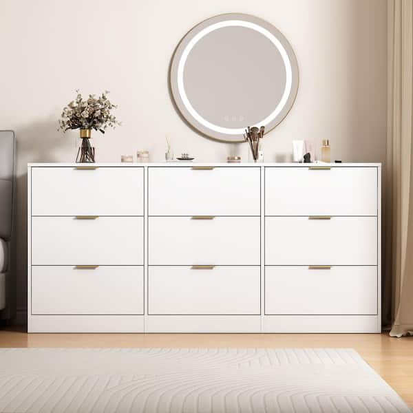 White Wooden 9-Drawer Large Storage 63 in. W Dresser