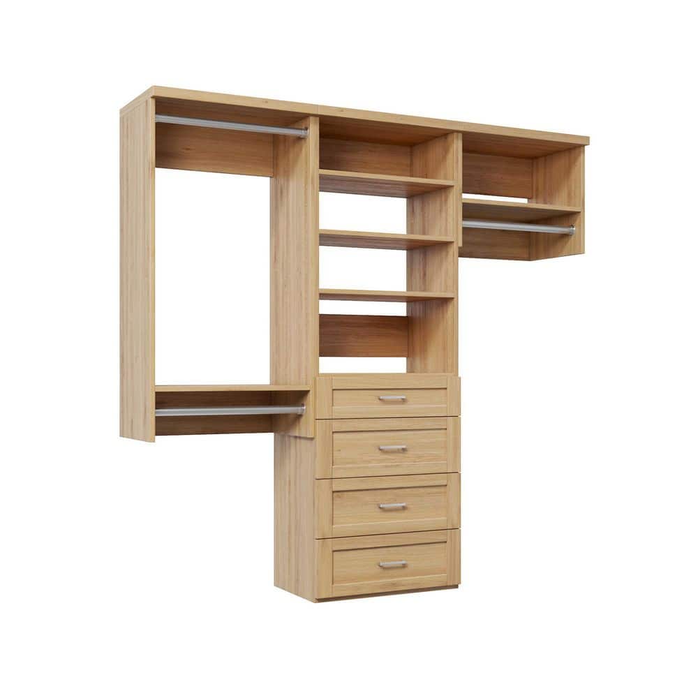 76.5 in. W Natural Oak Reach-in Wall-Mount 3-Rod 4-Shaker-Drawers 5-Shelf Wood Closet System