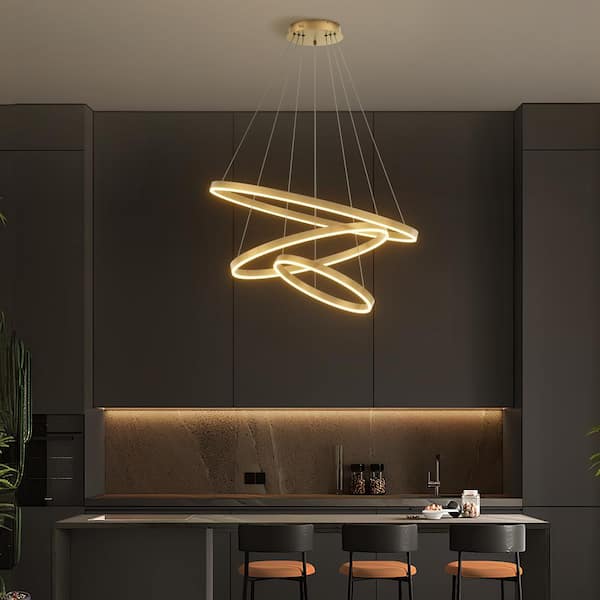 31 in. 3-Light Modern Gold Geometric Adjustable Styling Tiered Integrated LED Chandelier for Bedroom and Kitchen Island