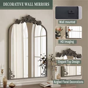 26 in. W x 41 in. H Arched Black Aluminum Alloy Framed with Carved Decoration Wall Mirror