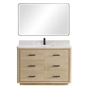 Porto 48 in. W x 22 in. D x 33.8 in. H Single Sink Bath Vanity in Natural Oak with White Quartz St1 Top and Mirror