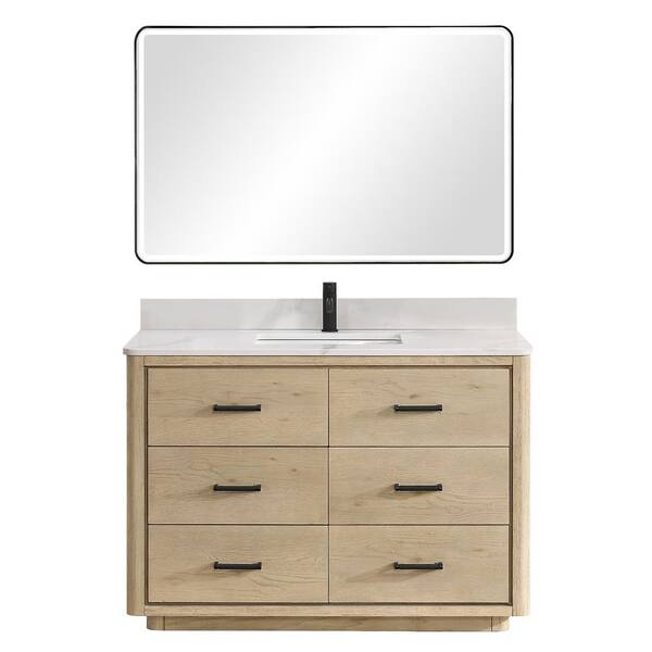 ROSWELL Porto 48 in. W x 22 in. D x 33.8 in. H Single Sink Bath Vanity in Natural Oak with White Quartz St1 Top and Mirror