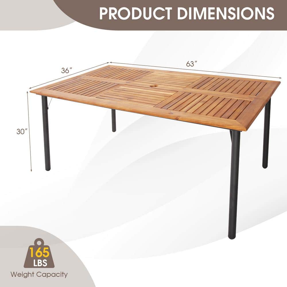 Natural Acacia Wood Outdoor Dining Table with Black Metal Legs