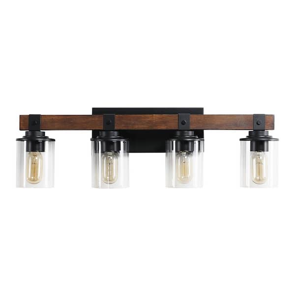 27.2 in. 4-Light Rustic Walnut Bronze Bathroom Vanity Light with Clear Glass Shades Mirror, Vanity (Bulb Not Included)