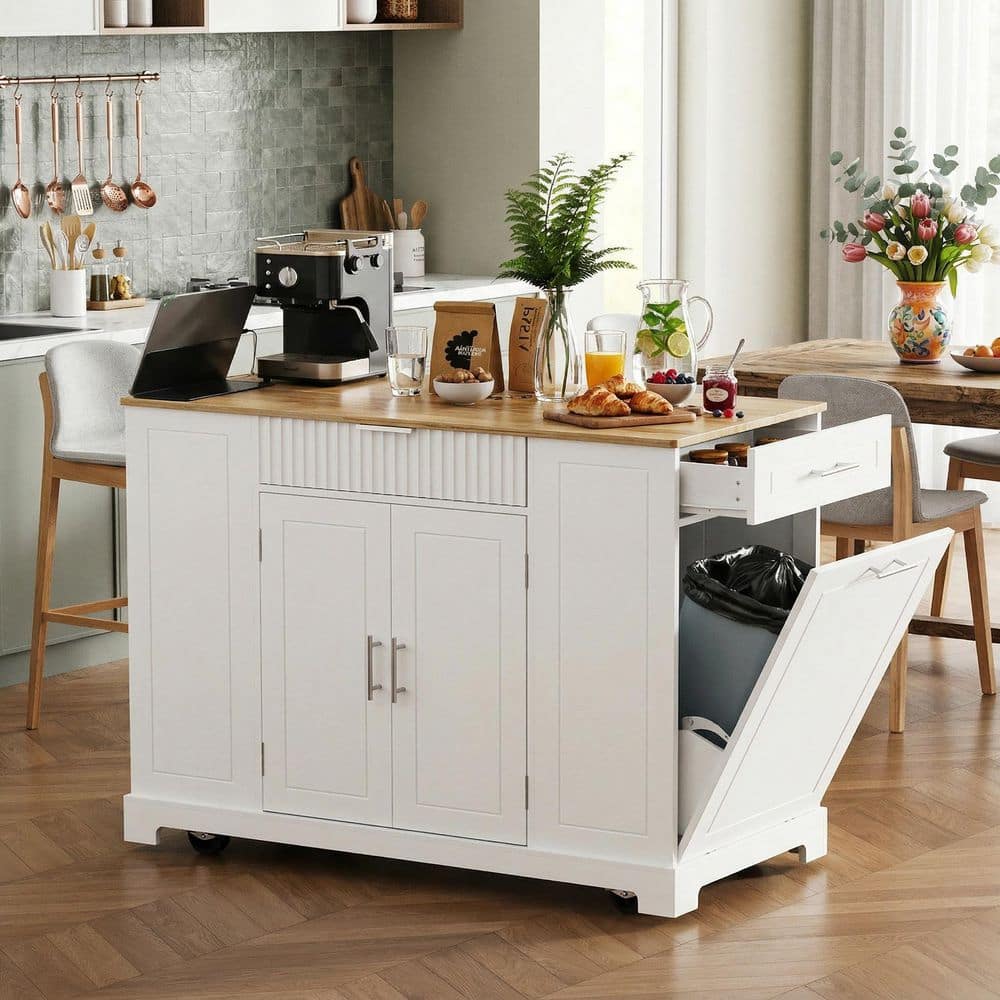 White Wood Rolling Kitchen Island Bar Cart with 10 Gal. Trash Can