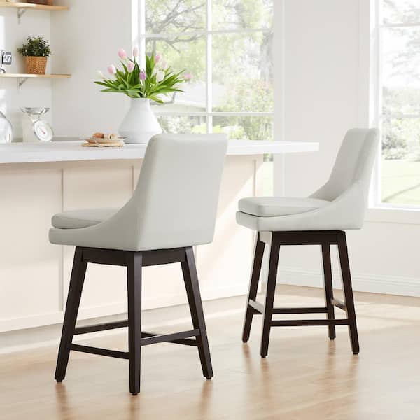 Fiona 26.8 in. Light Gray High Back Solid Wood Frame Swivel Counter Height Bar Stool with Faux Leather Seat(Set of 2)
