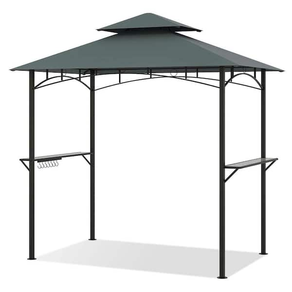 8 ft. x 5 ft. Gray Grill Gazebo with 2 Shelves 7 Hooks Metal Frame Soft Top