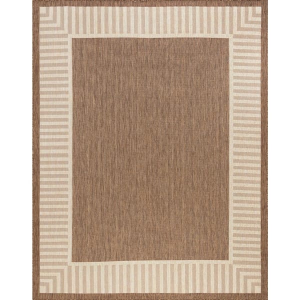 Tayse Rugs Eco Striped Border Brown 8 ft. x 10 ft. Indoor/Outdoor Area Rug