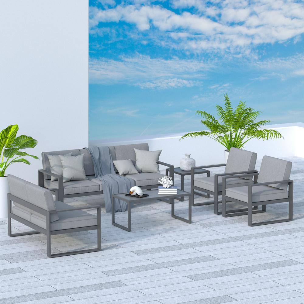 SUNVIVI 6Piece Aluminum Patio Conversation Set with Gray Cushions XB