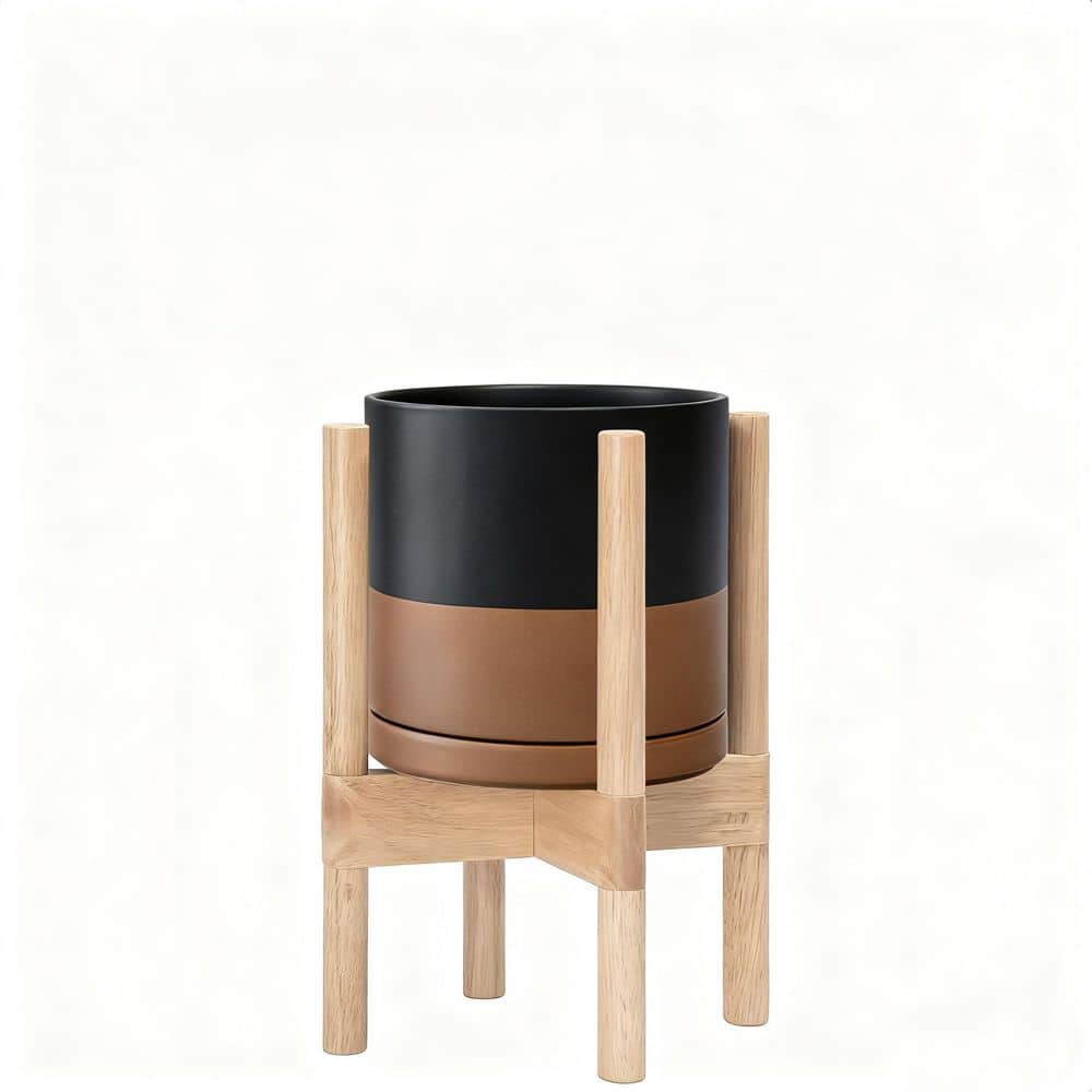Black Speckled Tan Ceramic Round Flower Planter Pot with Wood Planter Holder (8 in. W x 8 in. H) for Garden Decor price history on PriceWatchPro