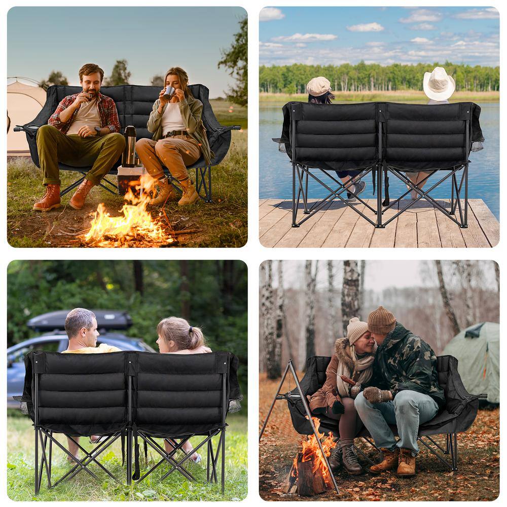XXXL Black Polyester Double Camping Chair with Arms and Storage Bag