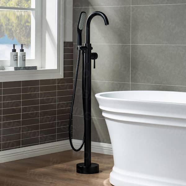 WOODBRIDGE Milan Single-Handle Freestanding Floor Mount Tub Filler Faucet with Hand Shower in Matte Black