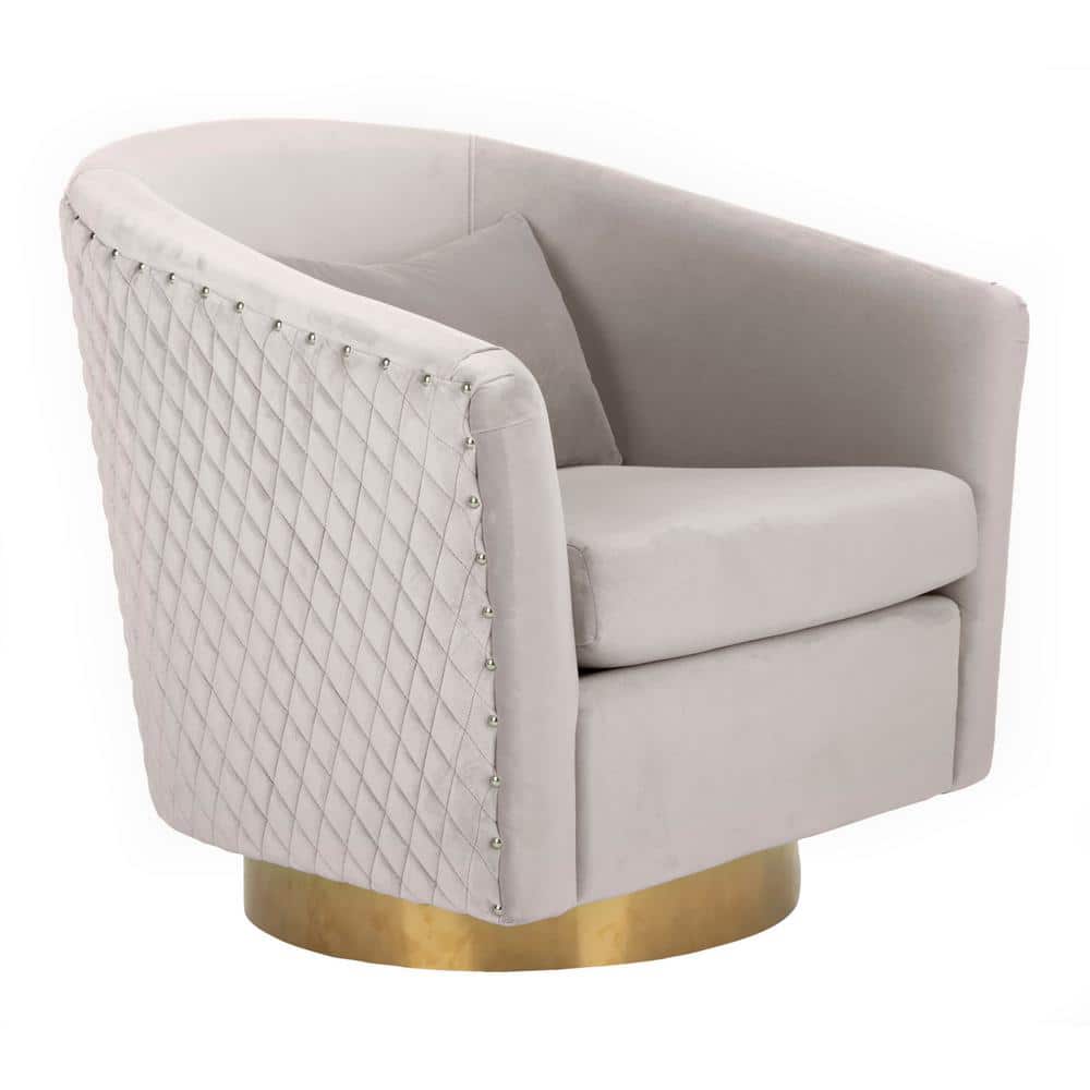Transitional Pale Taupe Velvet Swivel Barrel Chair with Gold Legs