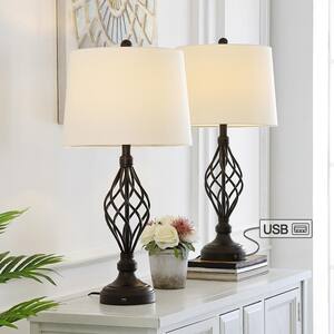 28 in. Bronze USB Table Lamp with White Linen Shade