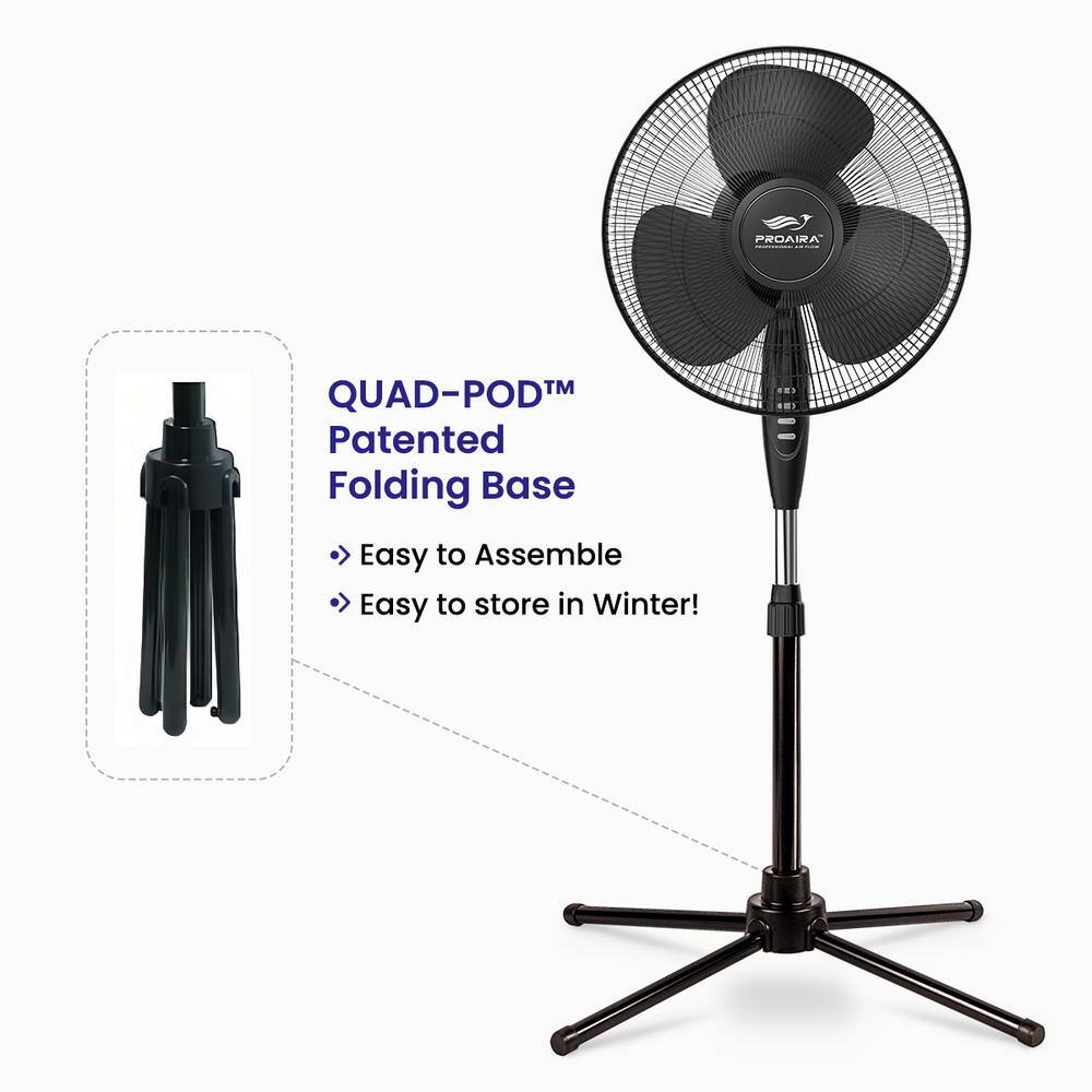 Proaira Black 16" Oscillating Pedestal Fan with Adjustable Height