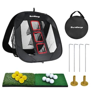 Black Foldable Pop-up Golf Chipping Net Set with 2 Hitting Mats, 6 Practice Balls, 6 Foam Balls