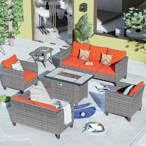 New Star Gray 6-Piece Wicker Patio Rectangle Fire Pit Conversation Seating Set with Orange Red Cushions