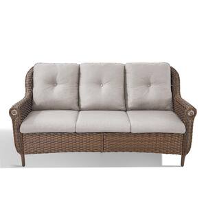 Floral Brown Wicker 3-Seat Patio Sofa Outdoor Couch with Thick CushionGuard Beige Cushions