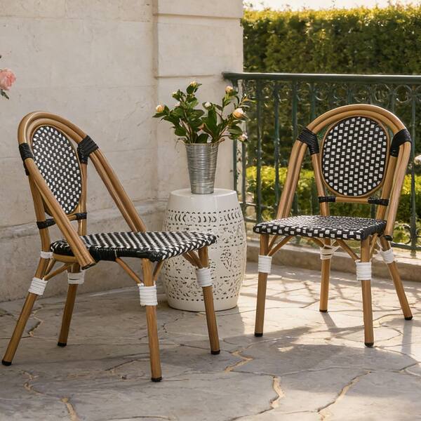 Black White Bamboo Print Finish PE Rattan and Aluminum French Bistro Chairs (2-Pack)