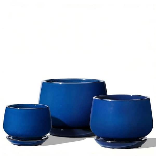 3-Pack Ceramic Plant Pots, Indoor Planters with Drainage Hole Saucer and Mesh Pad, Reactive Glaze Blue