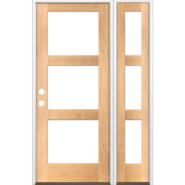 Krosswood Doors 46 in. x 80 in. Modern Hemlock Right-Hand/Inswing 3-Lite Clear Glass Clear Stain Wood Prehung Front Door with Sidelite