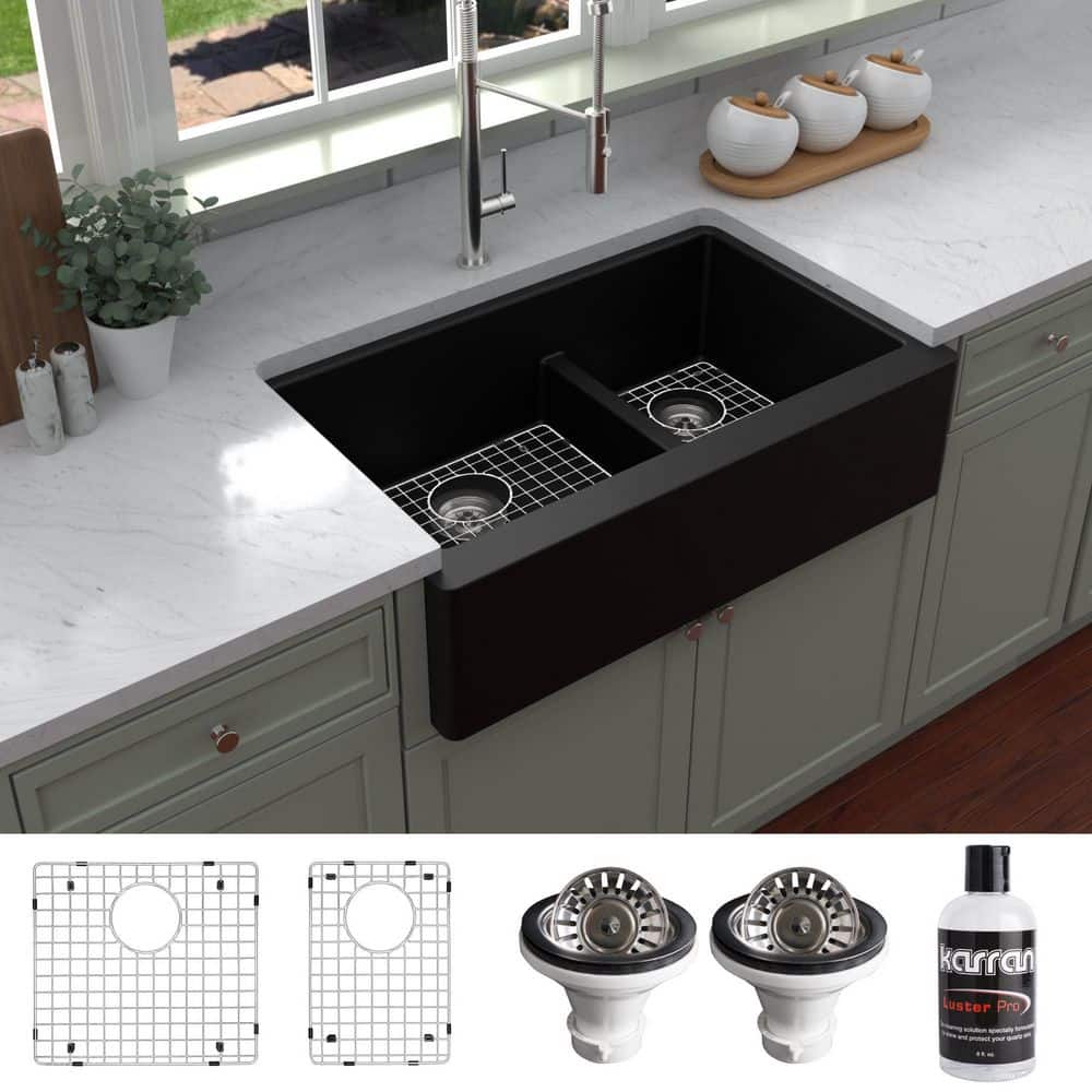 Karran QA-760 Quartz/Granite 34 in. Double Bowl 60/40 Farmhouse/Apron Front Kitchen Sink in Black with Grid and Strainer -  QA-760-BL-PK1