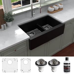 QA-760 Quartz/Granite 34 in. Double Bowl 60/40 Farmhouse/Apron Front Kitchen Sink in Black with Grid and Strainer