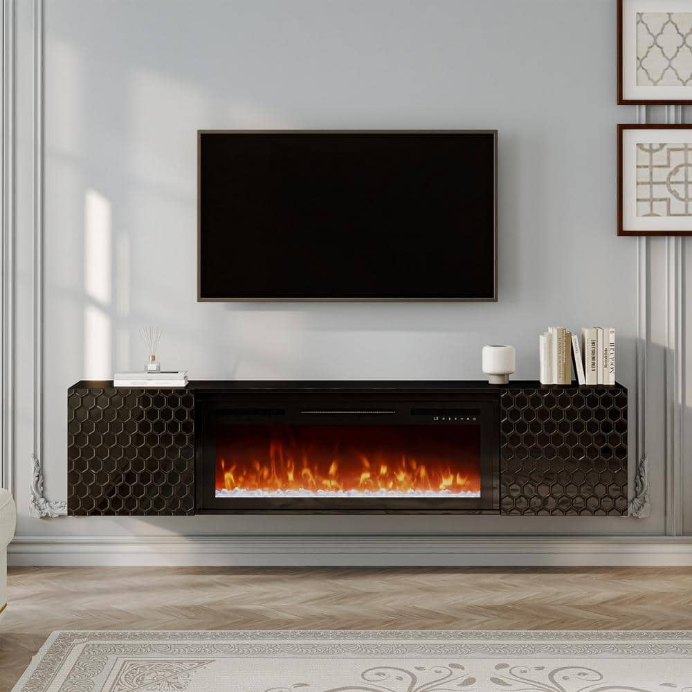 Boyel Living Black Wall Mounted TV Stand Fits TVs up to 70 in. with 36 in. Electric Fireplace BL FTZHXF36 BK The Home Depot