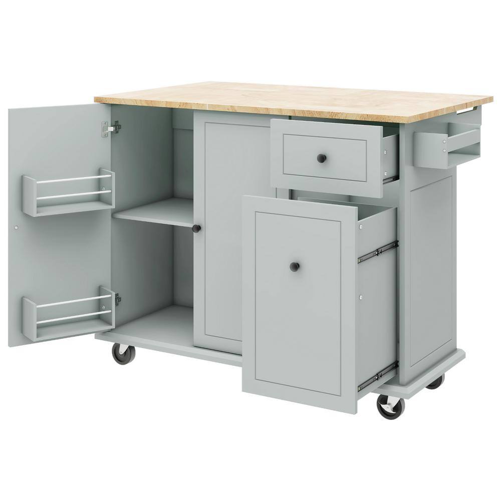Gray Rubber Wood 53.9 in. Kitchen Island on Wheels with 3 Tier Pull Out Organizer