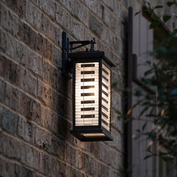 Farmhouse 1-Light Black Modern Outdoor Solar Warm White LED Wall Sconce with Reeded Glass for Garage and Porch