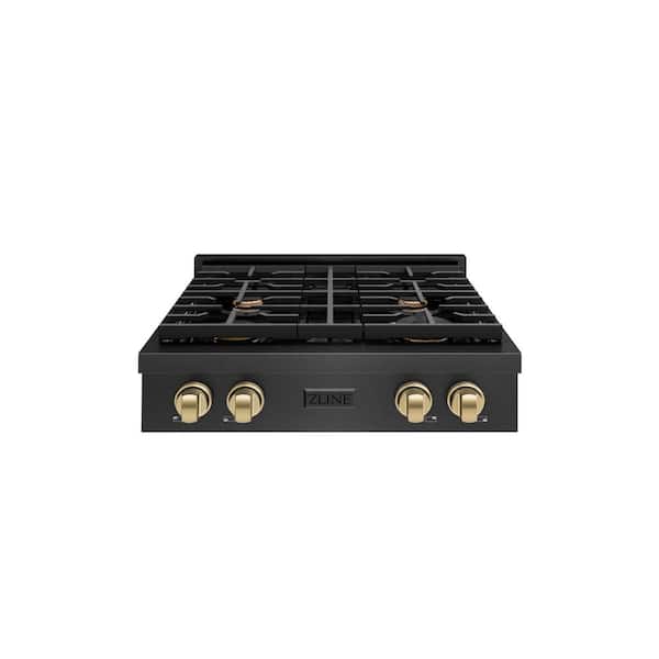 Autograph 30 in. Paramount Gas Rangetop with 4 Burners and Porcelain Cooktop in Black Satin and Champagne Bronze Accents