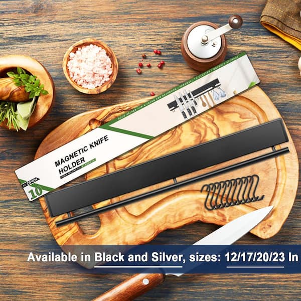 8-Knife 17 in. Stainless Steel Magnetic Knife Strip Wall Mount Knife Storage Bar with Hooks and Adhesive or Screws