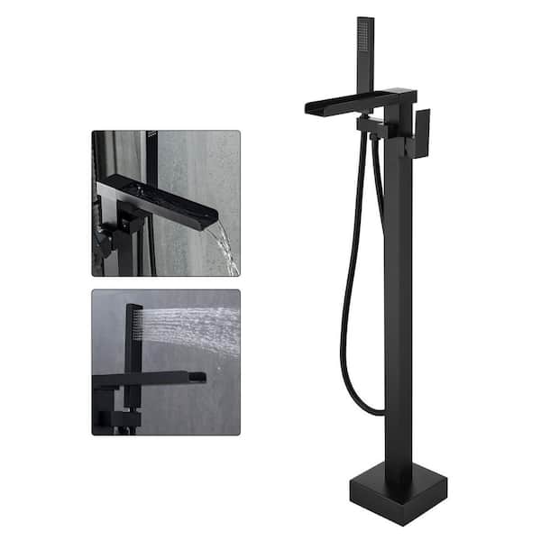Modern Brass Floor Mount Tub Faucet with Waterfall Spout & 360° Swivel, Handheld Shower in Matte Black