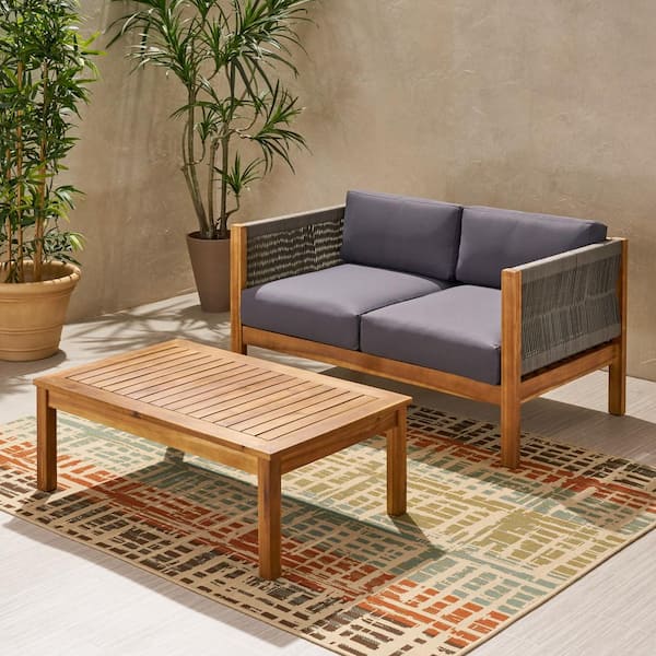 Laurel Teak Brown 2-Piece Wood Outdoor Patio Conversation Seating Set with Gray Cushions