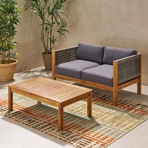 Laurel Teak Brown 2-Piece Wood Outdoor Patio Conversation Seating Set with Gray Cushions