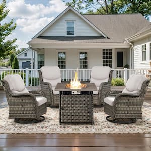 5-Piece Gray Wicker Outdoor Square Fire Pit Conversation Set with Beige Cushions and Swivel Rocker Patio Chairs