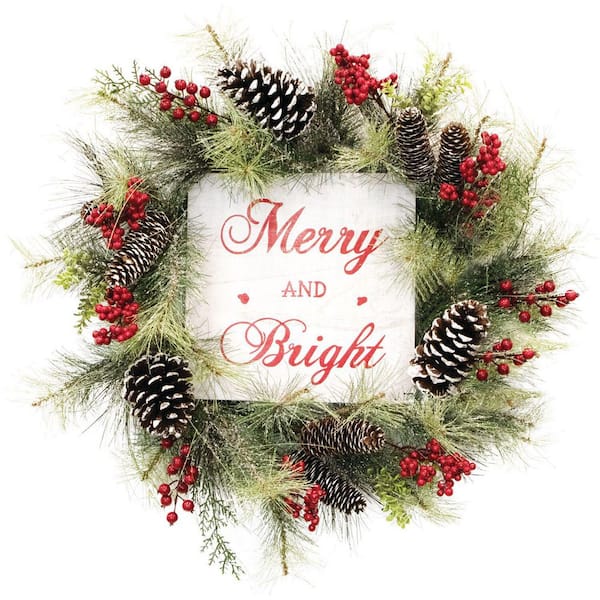 26 in. Unlit Frosted Artificial Christmas Wreath with Pinecones, Red Berries, and Merry Christmas Sign
